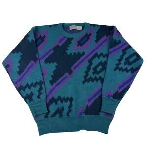 Vintage Abstract Blue Purple Retro 80s Acrylic Wool Blend Sweater Size Medium